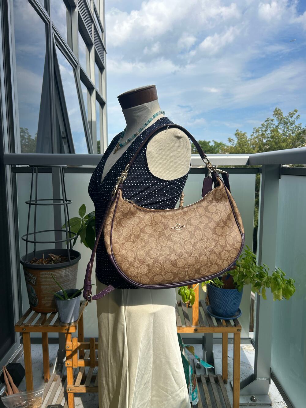 Vintage coach signature hobo shoulder bag tan monogram coated canvas & purple le
